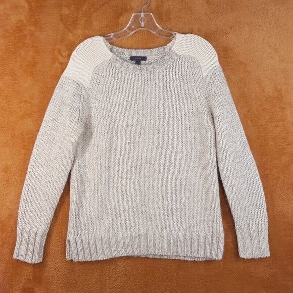 J CREW Women Sweater Small Tan Pullover Crew Wool Mohair Color Block Chunky Knit - Picture 1 of 7